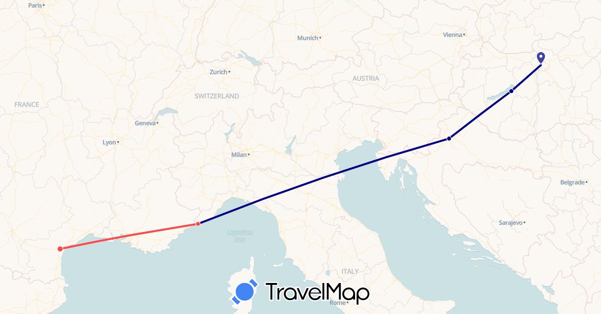 TravelMap itinerary: driving, hiking in France, Croatia, Hungary, Italy (Europe)